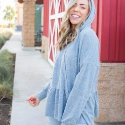 Boutique Simplified Denim Blue's Ruffled Hoodie Tops