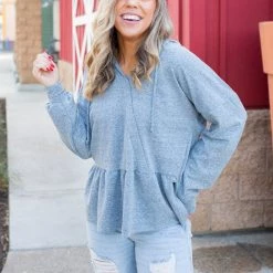 Boutique Simplified Denim Blue's Ruffled Hoodie Tops