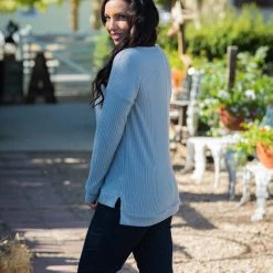 Boutique Simplified Tops Lustful Waffle Knit Stone Top