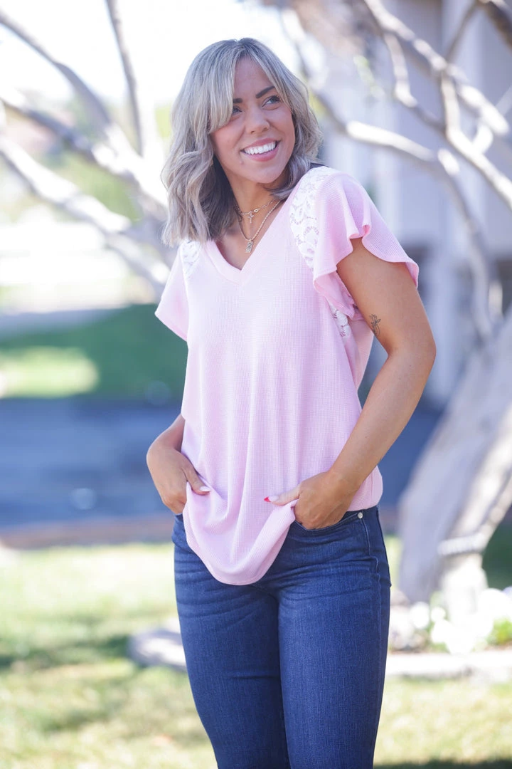 Boutique Simplified Tops Vision Of Love Blush Flutter Sleeve - In Stock 1 Boutique Simplified Tops Vision Of Love Blush Flutter Sleeve - In Stock