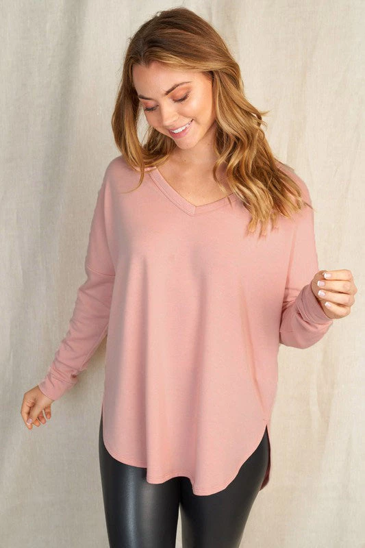 White Birch Rounded Hem V-neck Sweater - Pink Tops 1 White Birch Rounded Hem V-neck Sweater - Pink Tops