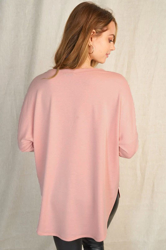 White Birch Rounded Hem V-neck Sweater - Pink Tops 2 White Birch Rounded Hem V-neck Sweater - Pink Tops