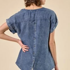 Doe & Rae Tops Back Placket Denim Top