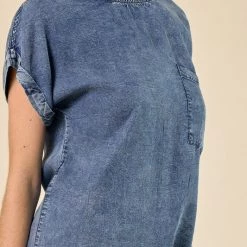 Doe & Rae Tops Back Placket Denim Top
