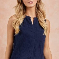Doe & Rae Split Neck Collar Blouse - Navy