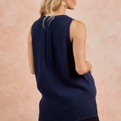 Doe & Rae Split Neck Collar Blouse - Navy