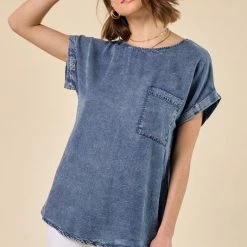 Doe & Rae Tops Back Placket Denim Top