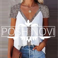 She & Sho Leopard Trim Short Sleeve Blouse