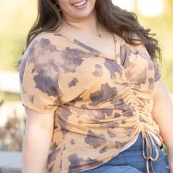 Boutique Simplified Chocolate Chip Joy Ruched Back Dolman Tops