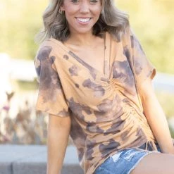 Boutique Simplified Chocolate Chip Joy Ruched Back Dolman Tops