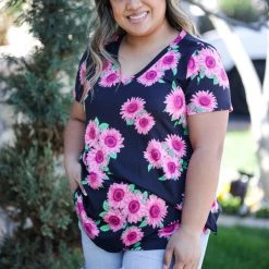 Boutique Simplified Pink Sunflowers Short Sleeve Top Tops 9 Boutique Simplified Pink Sunflowers Short Sleeve Top Tops