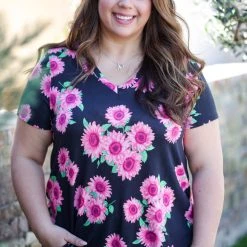 Boutique Simplified Pink Sunflowers Short Sleeve Top Tops