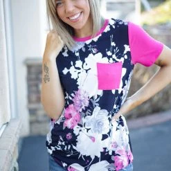 Boutique Simplified Pink Floral Short Sleeve Tops
