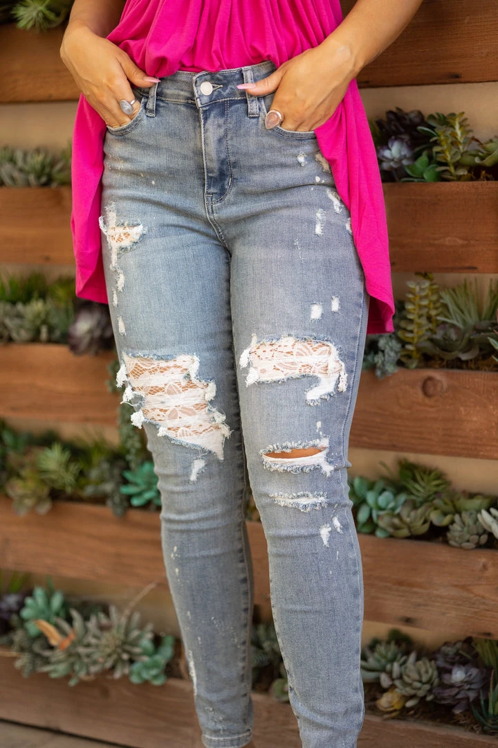 Boutique Simplified Lace Patched Judy Blue Skinnies 2 Boutique Simplified Lace Patched Judy Blue Skinnies