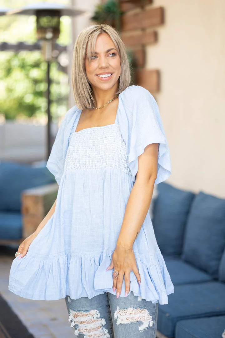 Boutique Simplified Tops Ocean Eyes Smocked Ruffled Top 1 Boutique Simplified Tops Ocean Eyes Smocked Ruffled Top