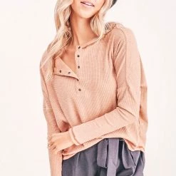 La Miel Tops Ribbed Button Top - Ginger