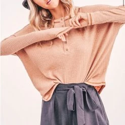 La Miel Tops Ribbed Button Top - Ginger